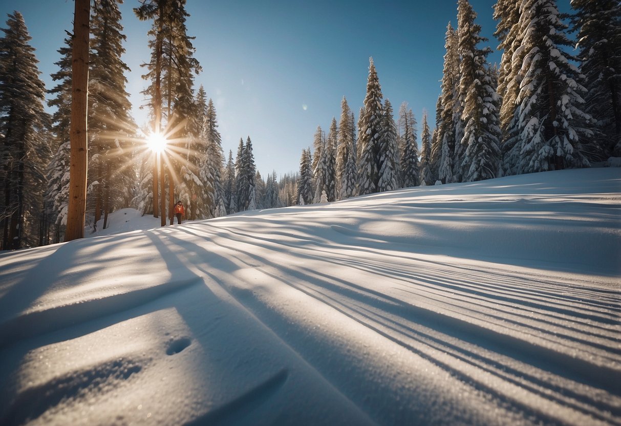 A sunny, snow-covered landscape with skis gliding smoothly over the glistening surface. Sunlight filters through the trees, casting dappled shadows on the trail. Sweat glistens on the skier's brow as they navigate the warm,