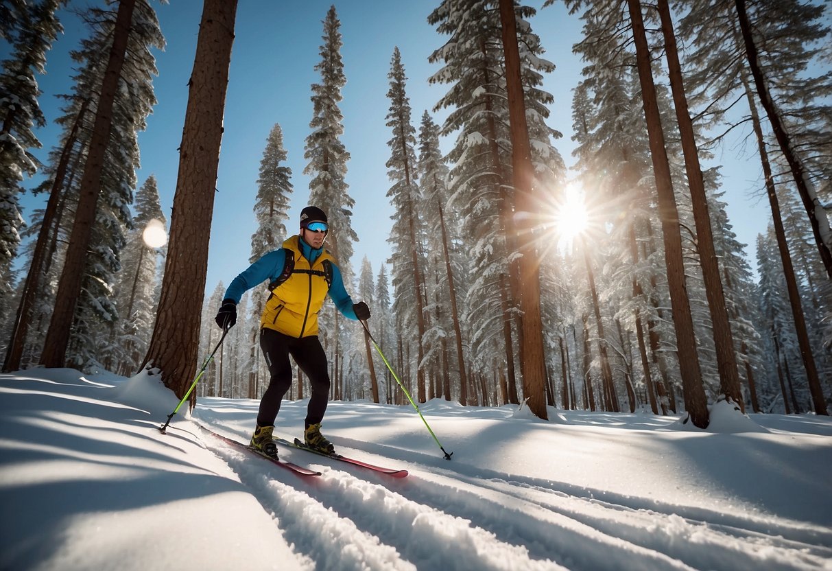 A cross country skier glides through a sun-drenched snow-covered landscape, with a water bottle strapped to their waist. The bright sun beats down as they follow a trail, surrounded by trees and a clear blue sky