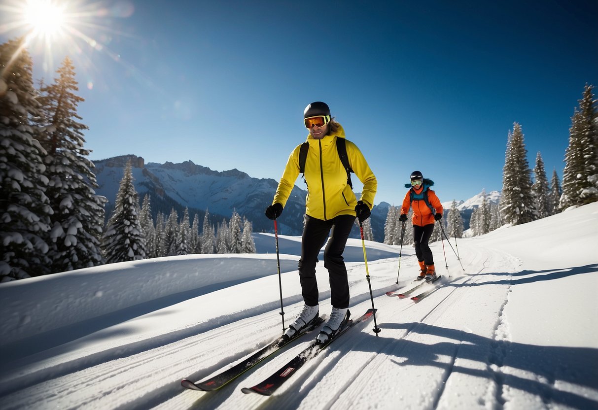 A bright, sunny day on a mountain trail. Skiers glide through the snow, using ski skins to grip and propel themselves forward. The sun beats down, creating a warm and inviting atmosphere for cross country skiing