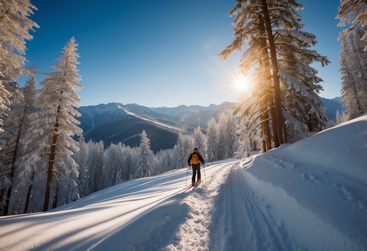 A serene, sunlit mountain landscape with a clear blue sky. A winding trail through snow-covered trees, with skiers gliding gracefully in the early morning light