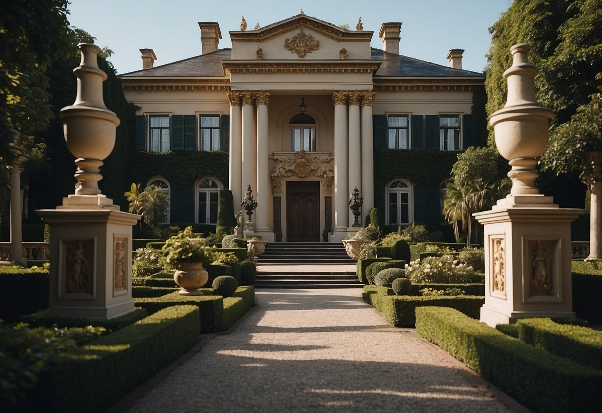 A grand mansion surrounded by lush gardens, with a sweeping driveway and towering pillars at the entrance. The architecture is elegant and regal, with ornate details and large windows