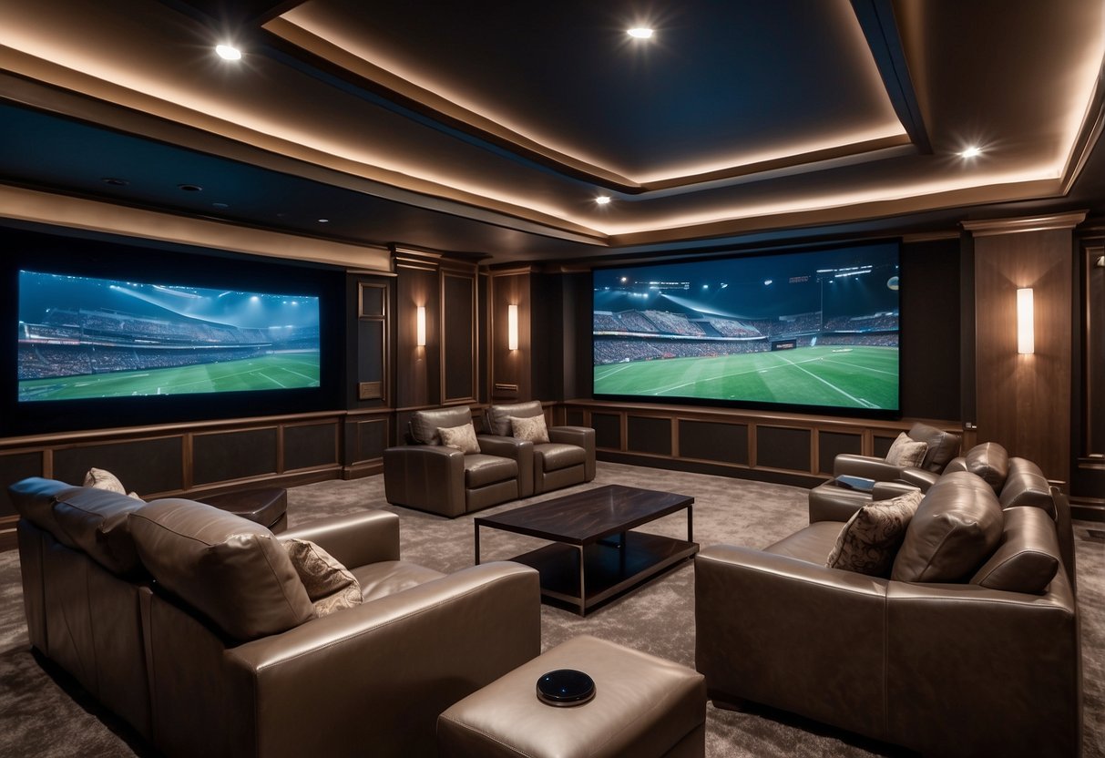 A grand home theater with plush seating, a large projector screen, and state-of-the-art sound system in a luxurious mansion setting