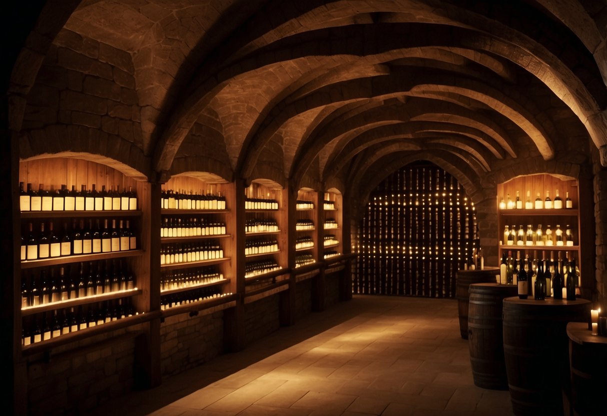 A dimly lit wine cellar with rows of wooden shelves holding bottles of various shapes and sizes. The room is filled with the rich aroma of aged wine, and the soft glow of candlelight adds to the ambiance