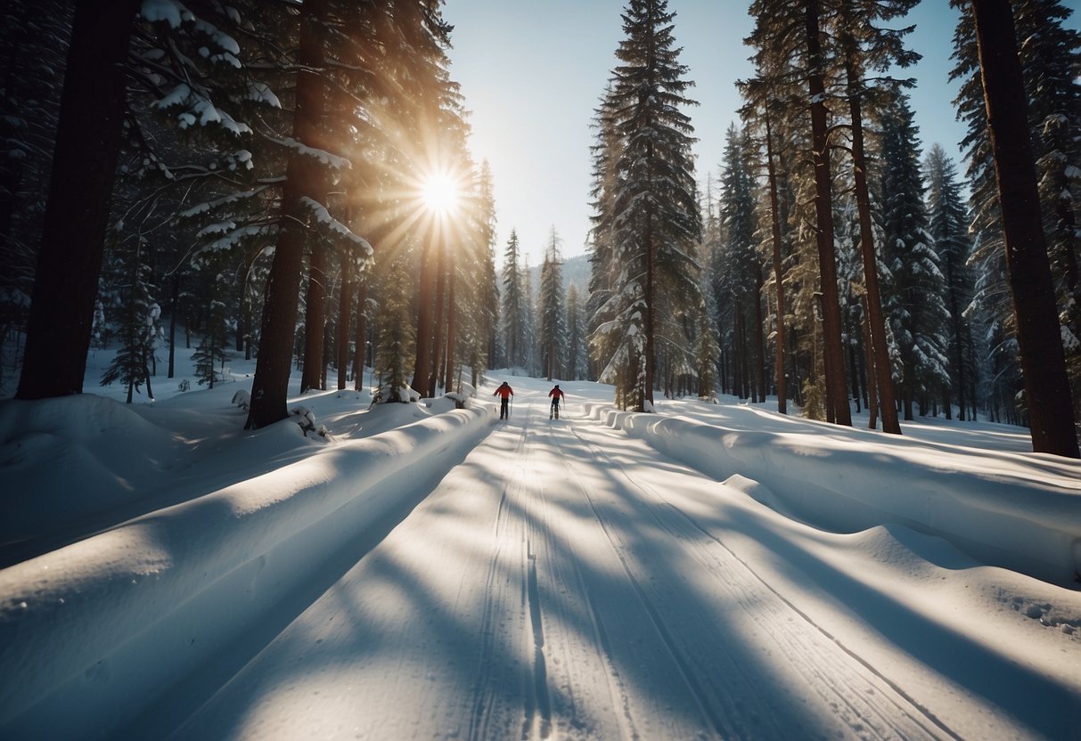 Skiers glide along sun-dappled trails, shaded by tall trees. The snow glistens in the warm weather, as skiers follow the tips for a smooth cross-country experience