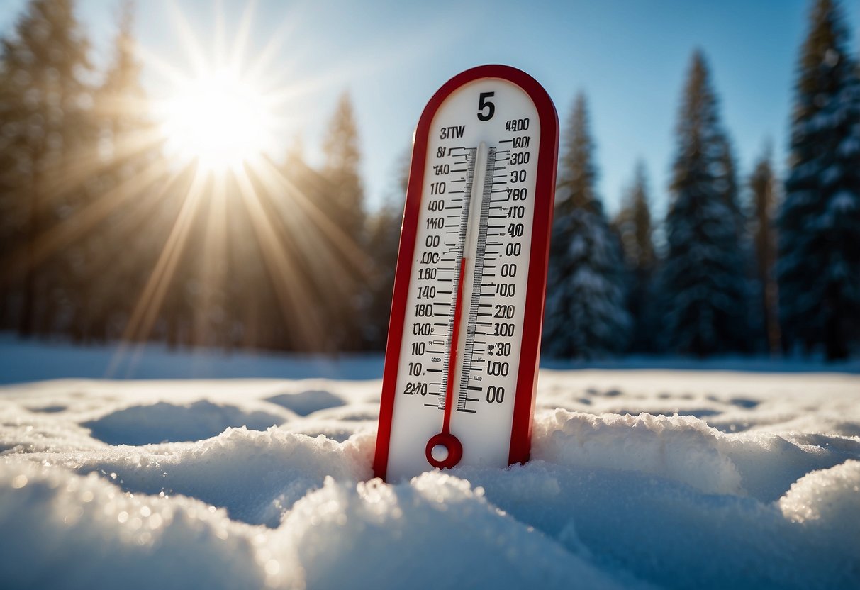 A bright sun shines over a snow-covered landscape. A thermometer reads high temperatures. Pine trees stand tall against the blue sky