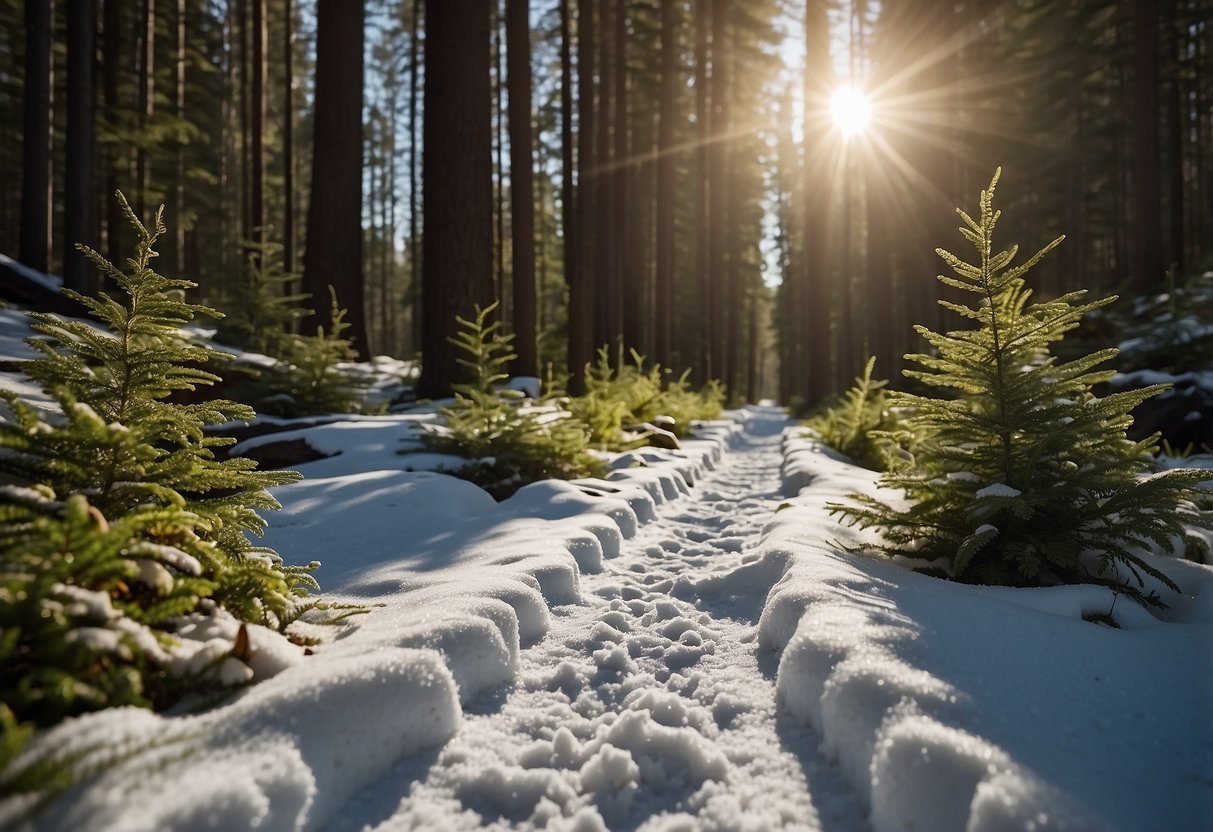 A sunny, sweltering day on a narrow trail through a forest, with glistening snow and a lone set of ski tracks disappearing into the distance