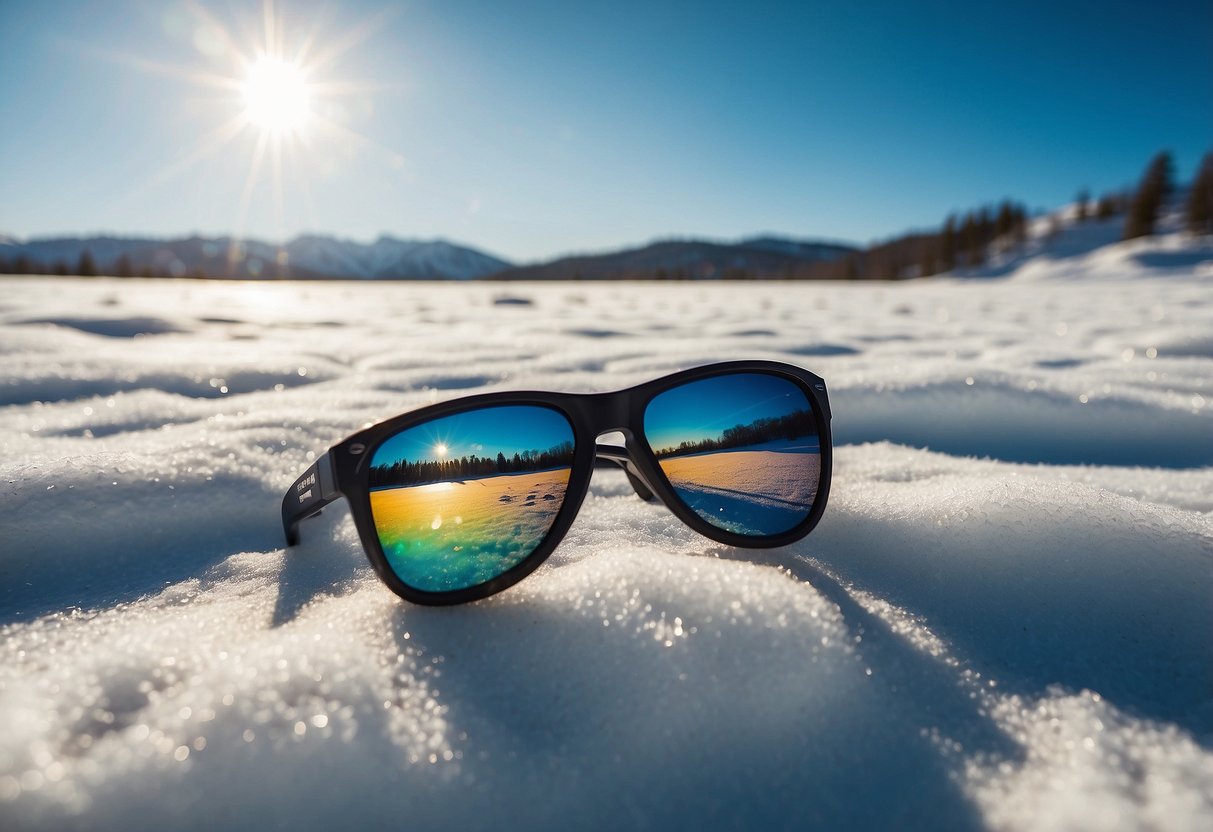 Bright sun, clear blue sky, and a snow-covered landscape. Cross-country skis, lightweight clothing, sun hats, sunglasses, and water bottles scattered around