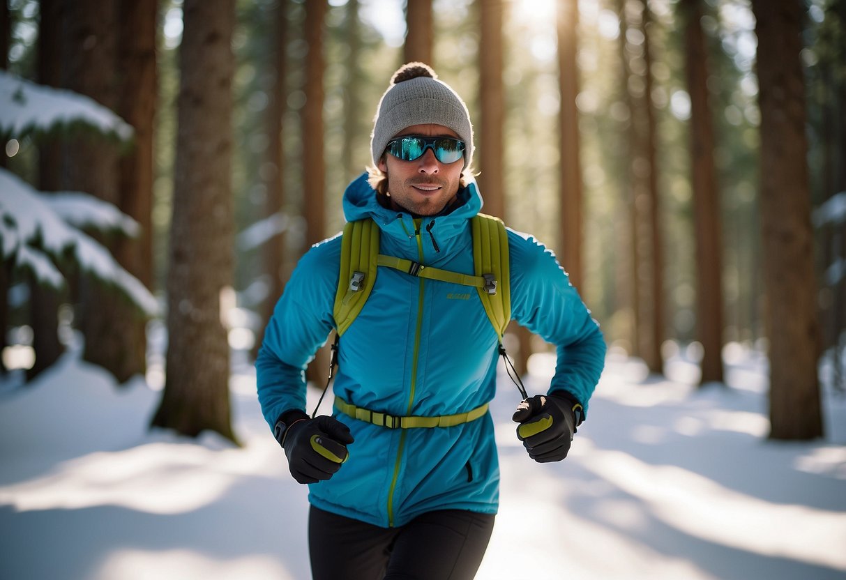 A cross country skier glides through a sun-drenched forest, using a wide-brimmed hat and lightweight clothing to stay cool. They carry a water bottle and take frequent breaks in shaded areas