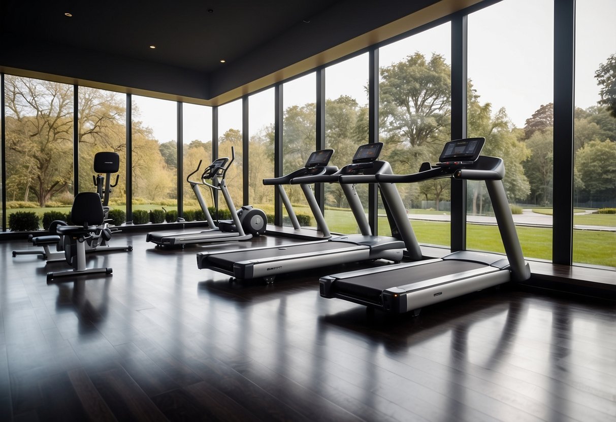 A spacious private gym with modern equipment and large windows overlooking a lush garden. Mirrored walls and sleek design convey luxury and exclusivity