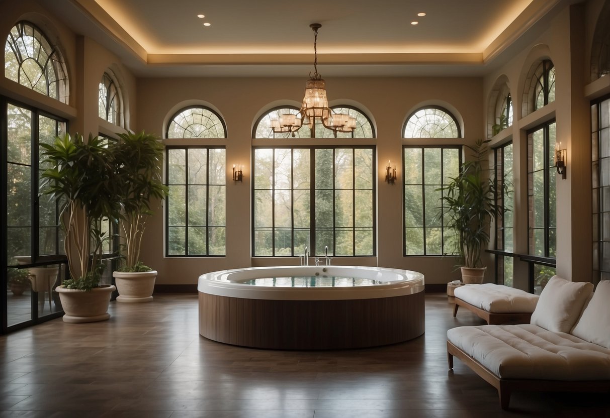 A serene spa room in a grand mansion, with plush seating, soft lighting, and a luxurious jacuzzi surrounded by lush greenery