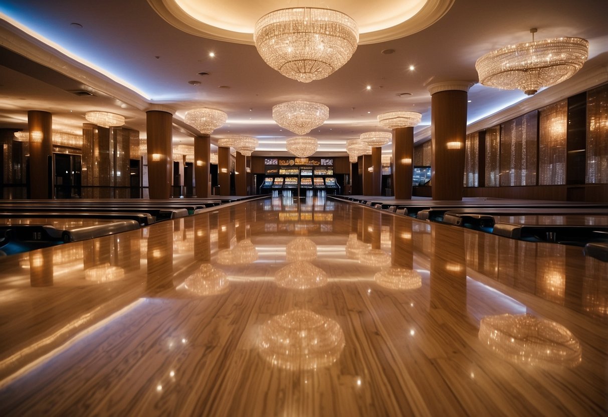 A grand bowling alley in a lavish mansion, with luxurious decor, crystal chandeliers, and polished wooden lanes