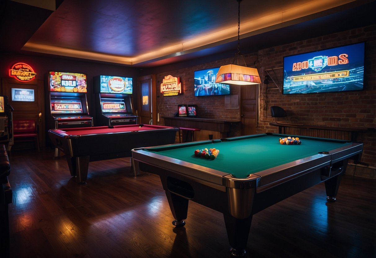 A spacious game room with a pool table, arcade machines, and a large flatscreen TV. The walls are adorned with vintage posters and neon signs, while comfortable seating fills the room