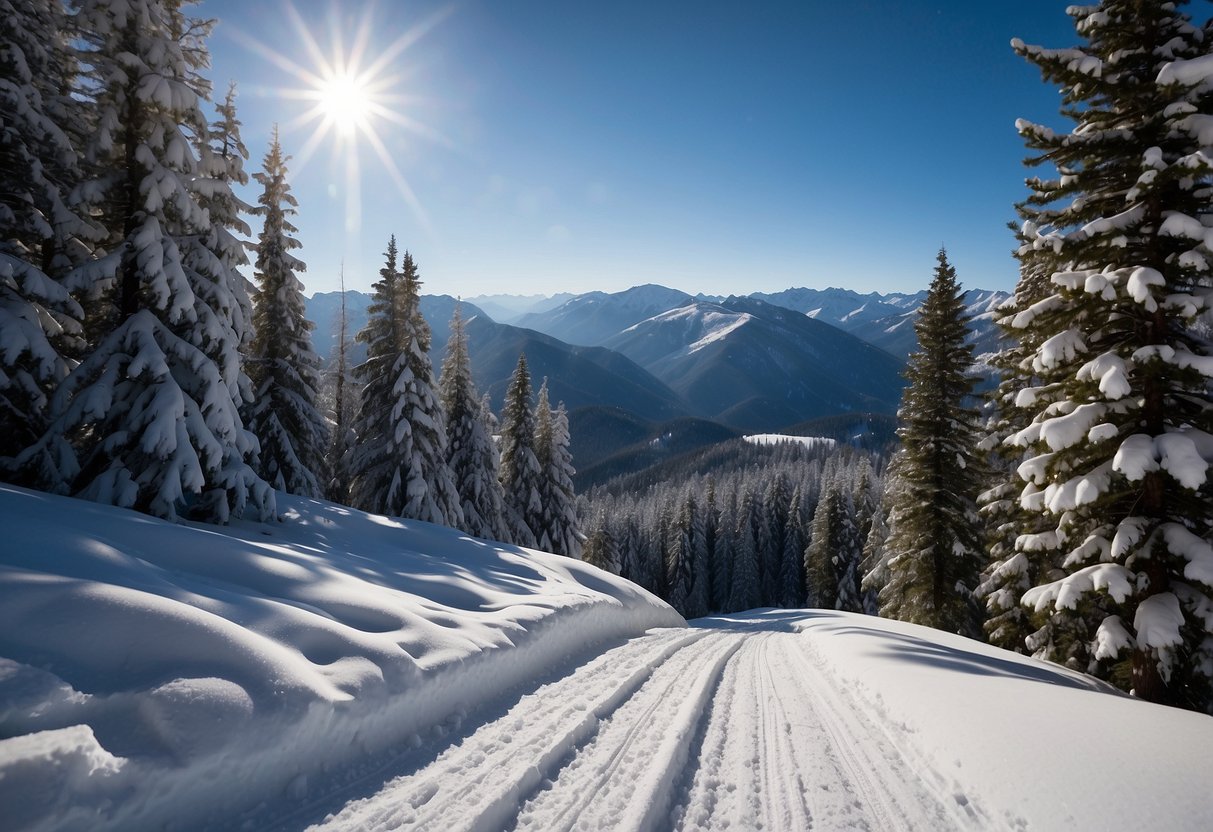 Snow-covered trail with tall pine trees, blue sky, and a skier's tracks. Socks are shown in a pair, with a backdrop of a snowy landscape