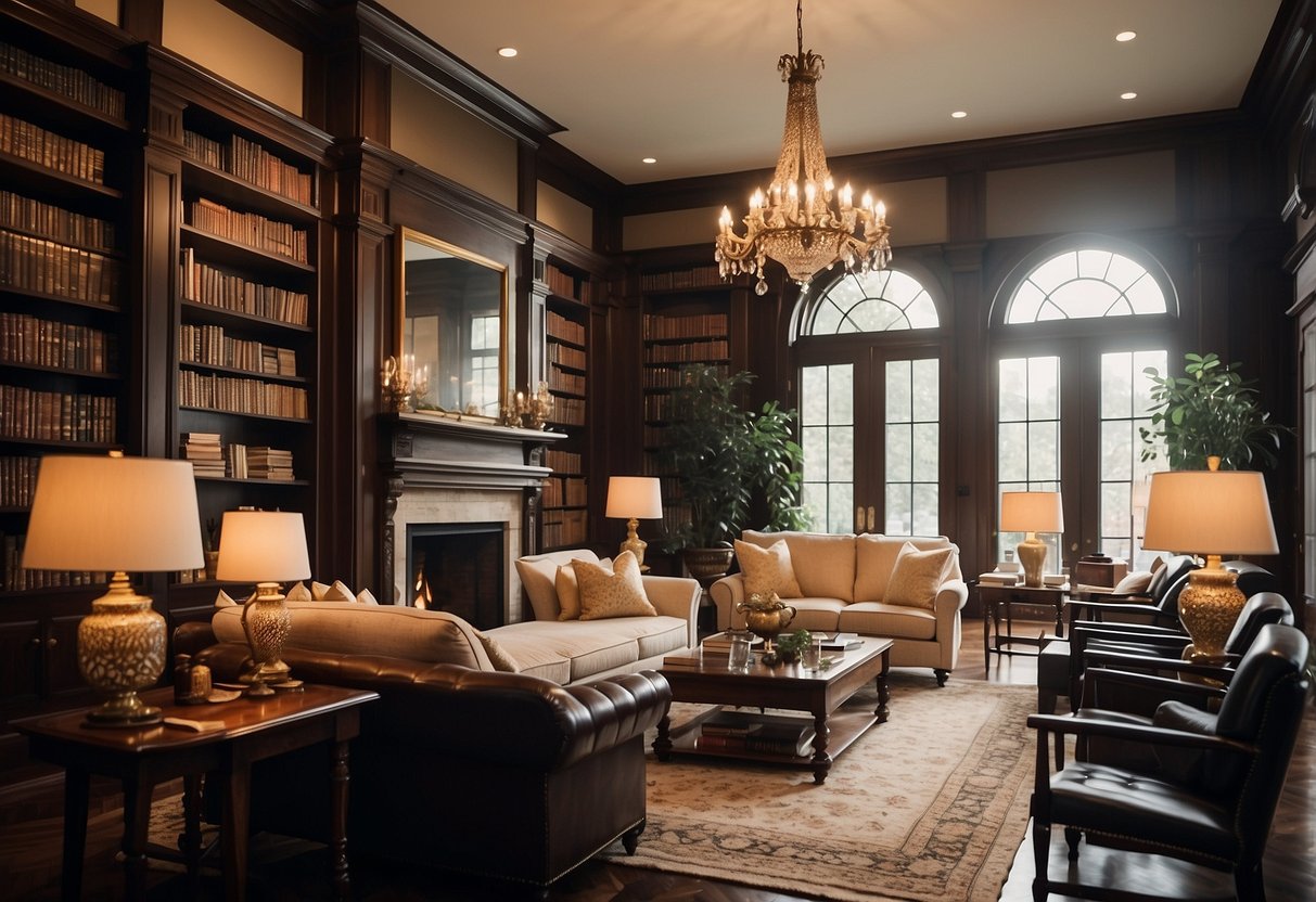 A grand library in a mansion, with floor-to-ceiling bookshelves, cozy reading nooks, and a large fireplace as the focal point