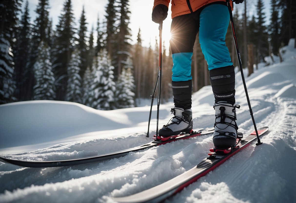 A snowy forest trail with skis and poles, featuring Smartwool PhD Nordic Light Elite 5 socks on a pair of crossed skis