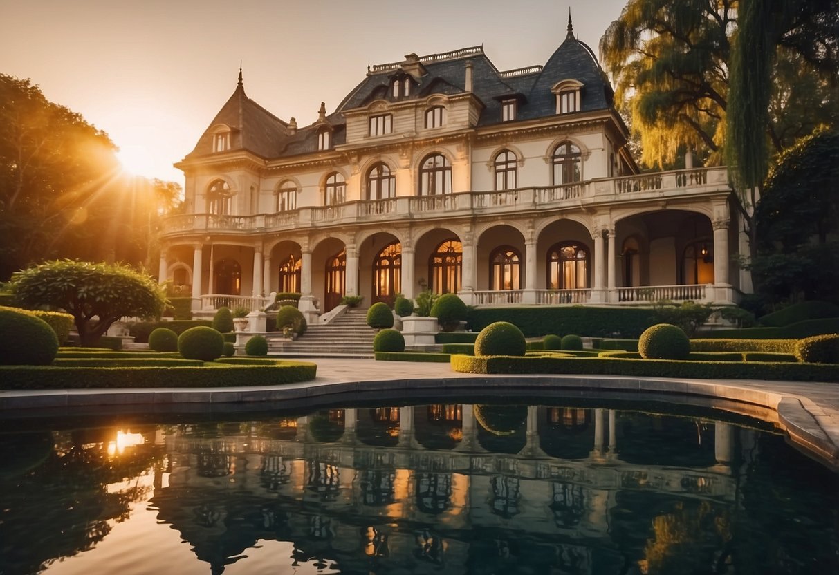 A grand, sprawling mansion with intricate architecture, surrounded by lush gardens and a serene pond. The sun sets behind the elegant building, casting a warm glow over the scene