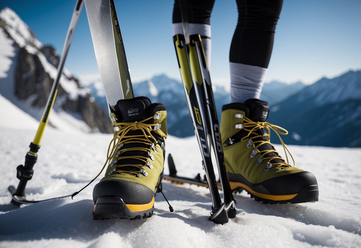 A pair of Darn Tough Mountaineering Over-the-Calf socks lying next to a pair of cross country skis and poles, with snow-covered mountains in the background