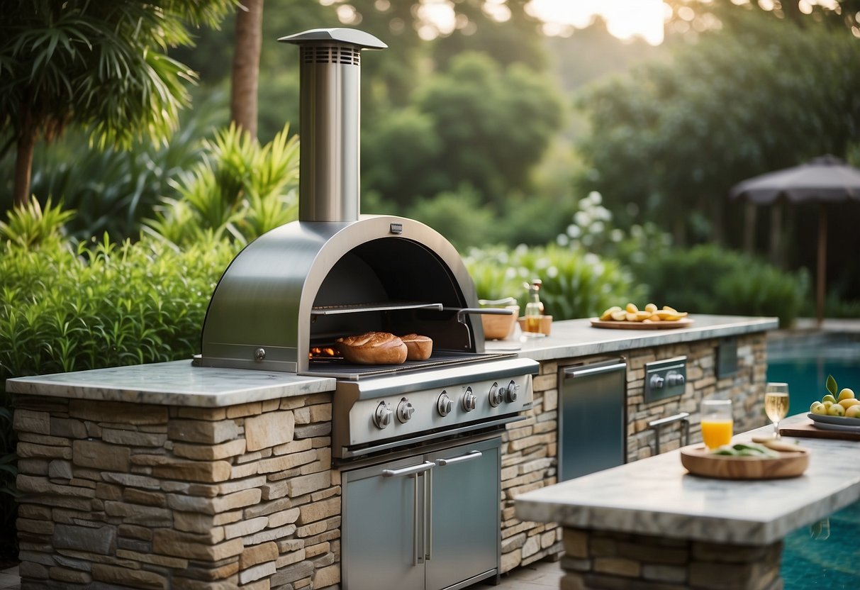 An outdoor kitchen with a large stone oven, a sleek stainless steel grill, and a marble countertop, surrounded by lush greenery and a sparkling pool