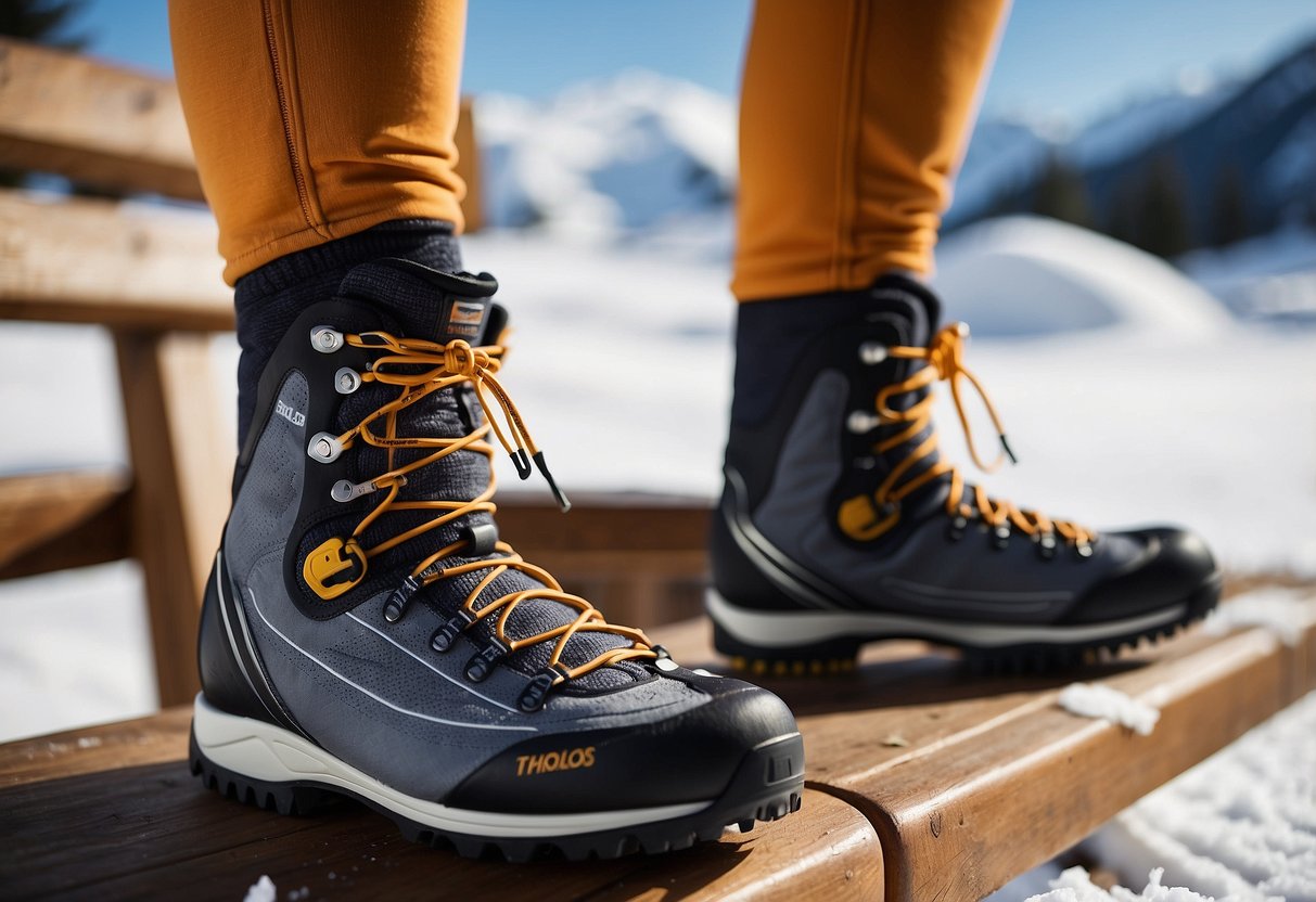 A pair of Thorlos Thick Padded Cross Country Skiing Socks lay on a snowy bench next to a pair of ski boots and poles