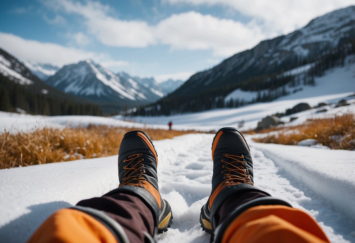 A snowy mountain trail with a lone pair of FITS Heavy Expedition Boots and 5 pairs of colorful cross country skiing socks laid out on the snow