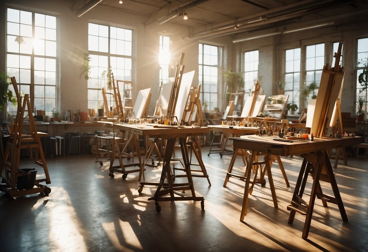 An art studio filled with easels, canvases, and colorful paint palettes. Sunlight streams in through large windows, illuminating the creative space