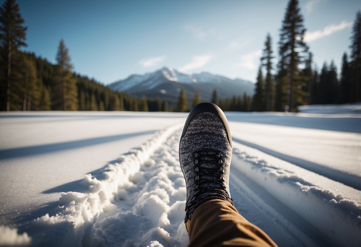 A snowy cross country ski trail with a pair of Farm to Feet Damascus Lightweight socks gliding effortlessly on the snow, surrounded by pine trees and mountains in the background