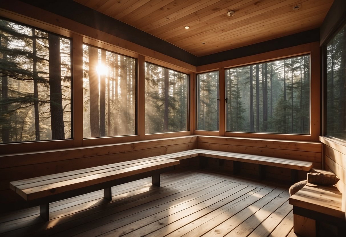 A grand sauna room with wooden benches, a large stone heater, and soft ambient lighting. Windows overlook a serene forest setting