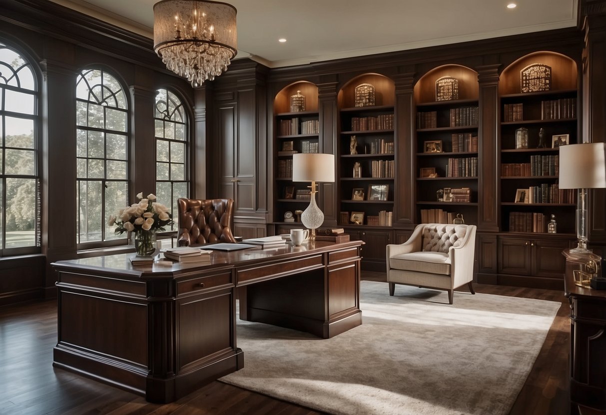 A grand home office in a luxurious mansion, featuring a spacious desk, elegant bookshelves, large windows with a view, and plush seating for meetings