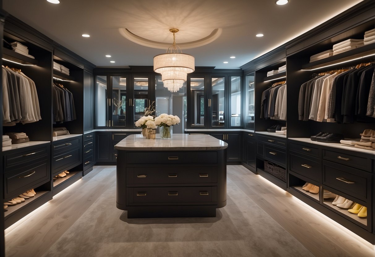 A spacious walk-in closet in a luxurious mansion, with custom shelving, elegant lighting, and a central island for accessories