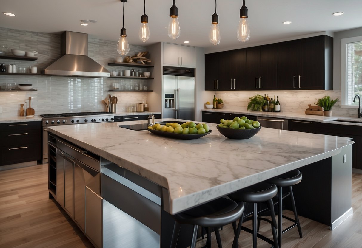 A spacious, modern kitchen with marble countertops, stainless steel appliances, and a large island. Bright lighting and sleek, minimalist design