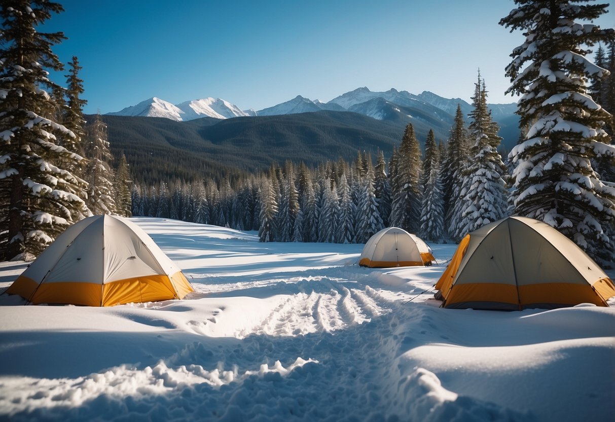 A snowy forest with ski tracks leading to tents and campfires, surrounded by mountains and a clear blue sky