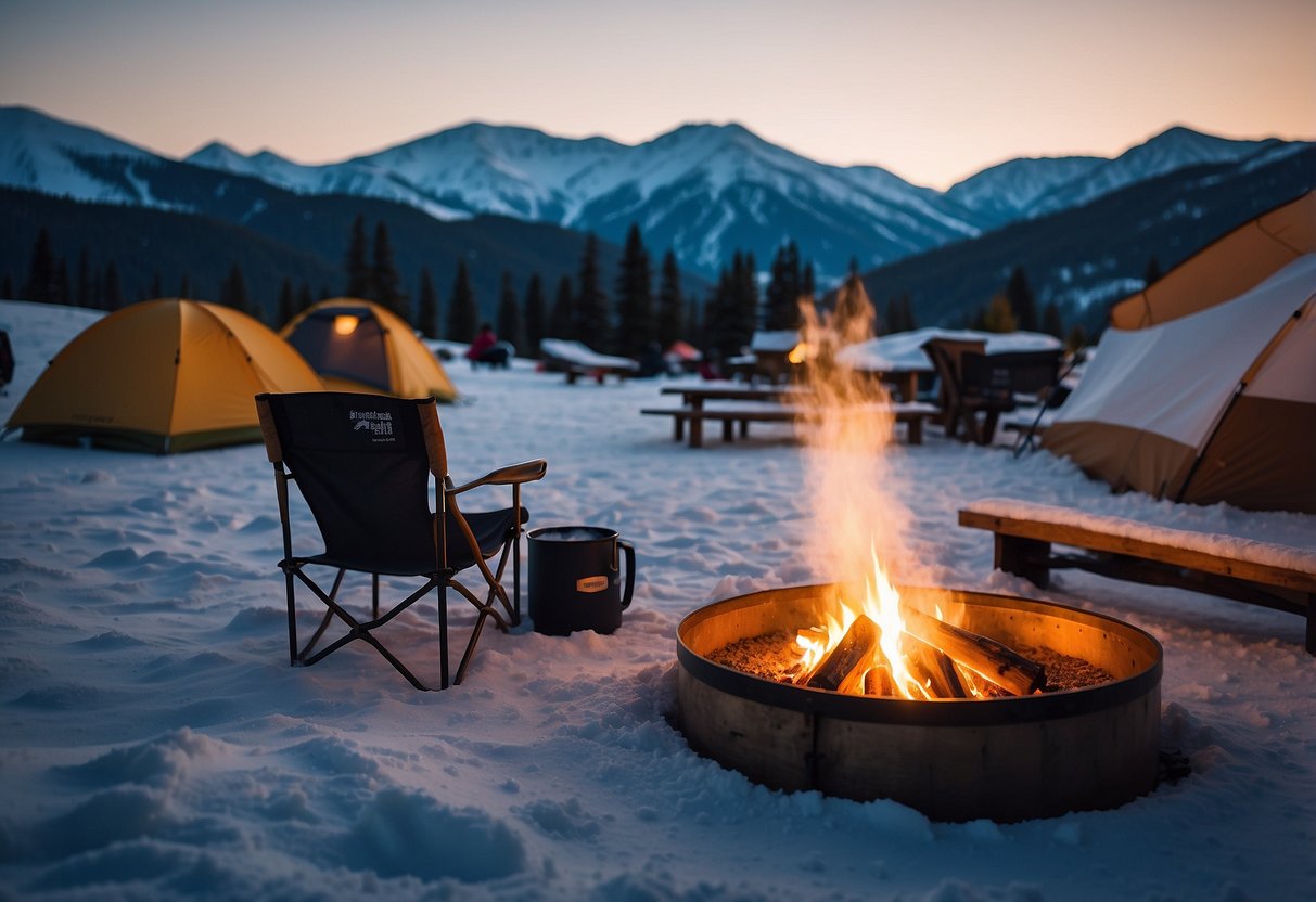 Snow-covered mountains surround a cozy campsite with a bonfire, skis, and a trail map at Lost Trail Ski Resort, Montana