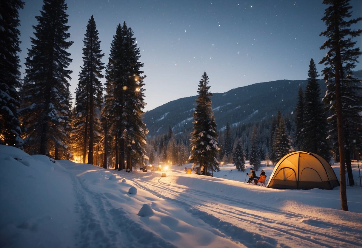 Snow-covered Methow Valley, WA. Pine trees line the groomed trails. Skiers glide past cozy campsites with crackling fires and twinkling stars above