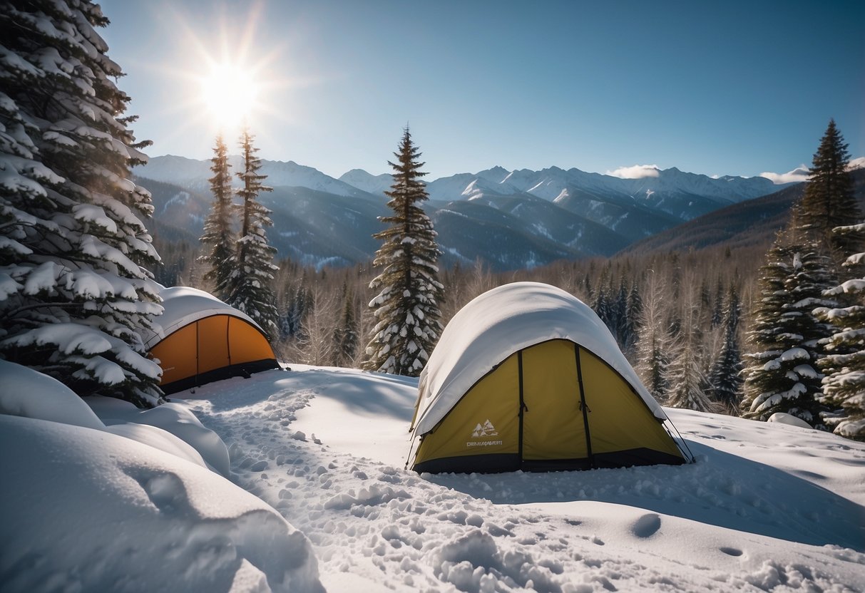 Snow-covered mountains surround a cozy campsite with skis leaning against a rustic cabin. A winding trail leads into the forest, with the Stowe Mountain Resort in the distance