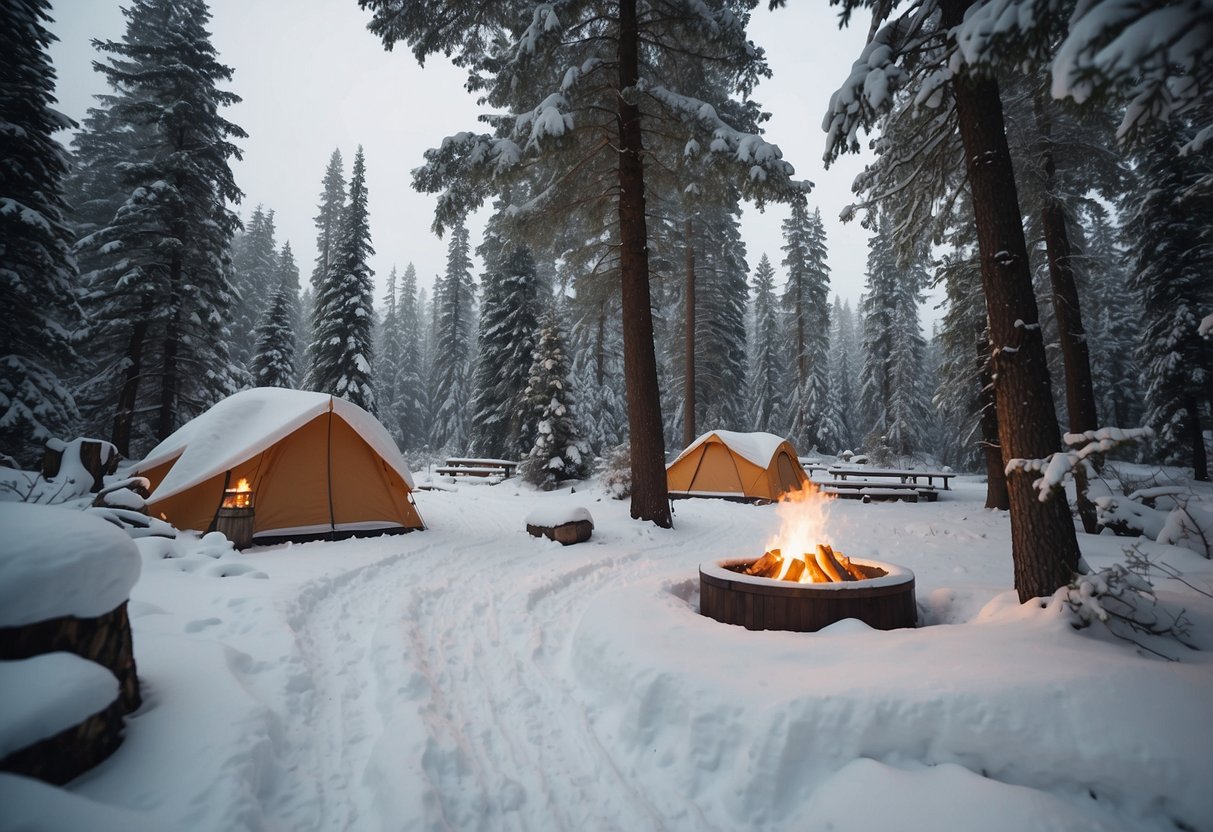 A snowy landscape with a winding trail through a forest, leading to a clearing with a campsite. A cozy fire pit and tents surrounded by snow-covered trees