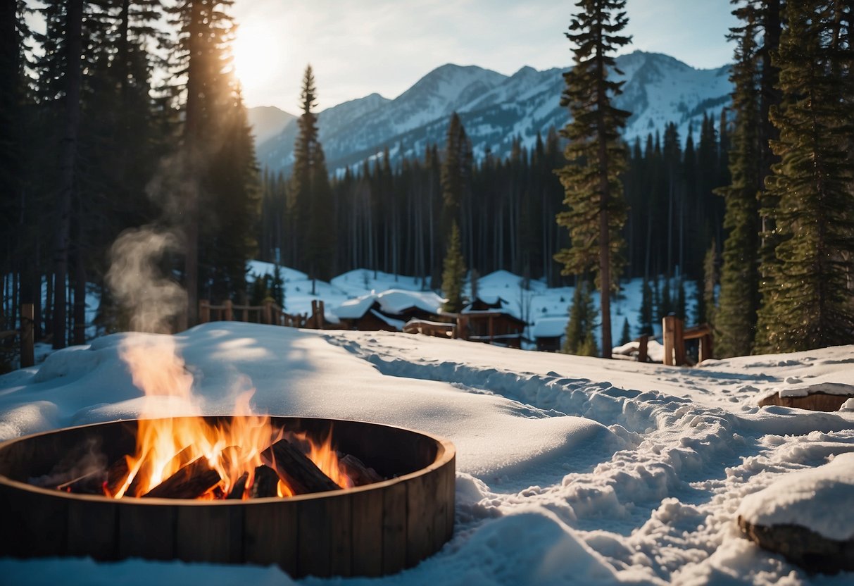 Snow-covered mountains surround a serene campsite with ski tracks leading into the wilderness. A cozy fire pit and rustic cabins offer a warm retreat for cross country skiers