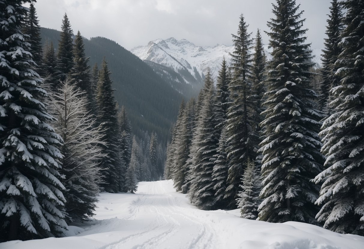 Snow-covered forest with ski trails winding through the trees. Campsites nestled among the pines, with cozy cabins and tents. Mountains in the background