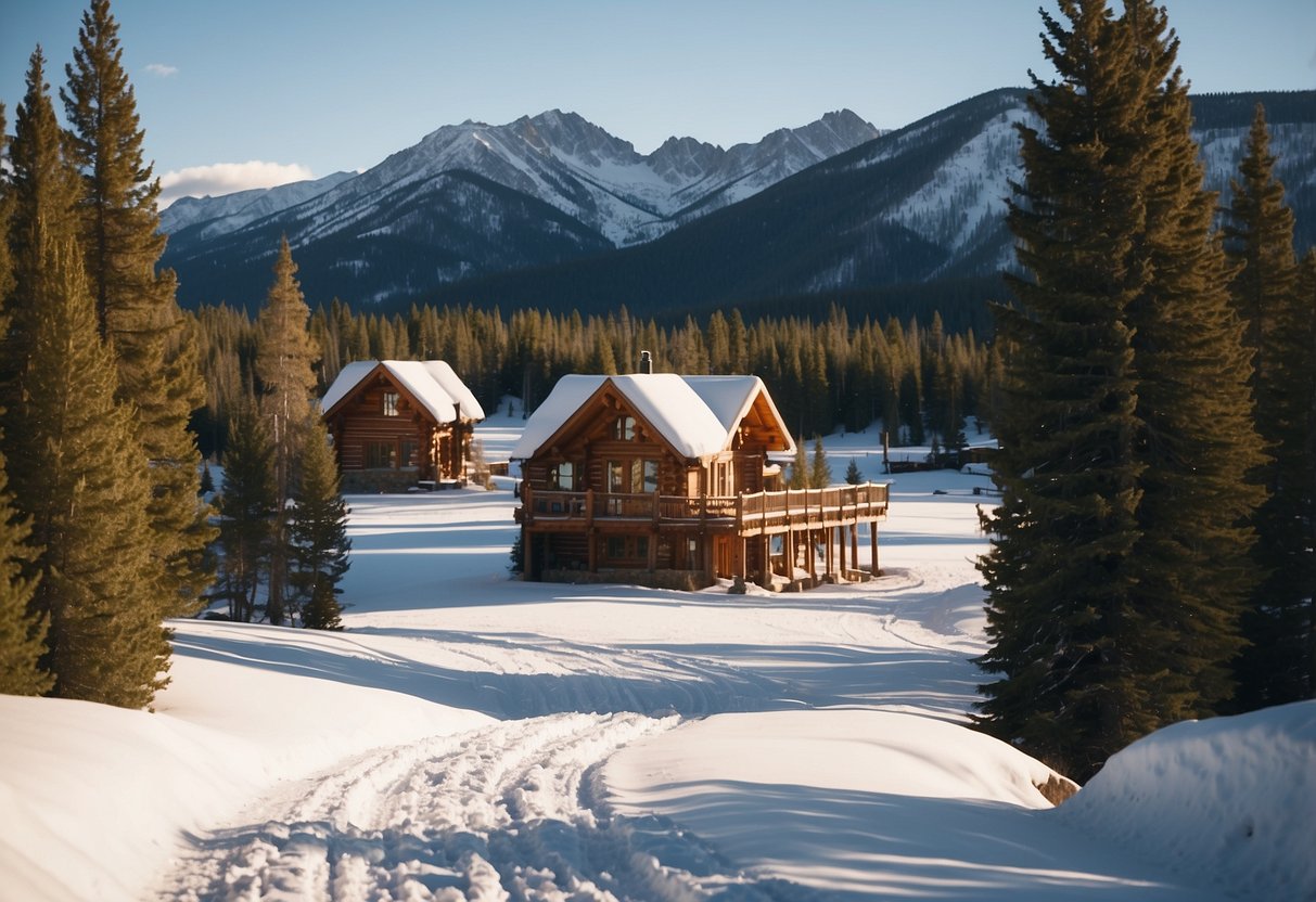 Snow-covered meadows and pine forests surround the rustic cabins at Devil's Thumb Ranch in Colorado. Cross country skiers glide along groomed trails, with the Rocky Mountains providing a stunning backdrop