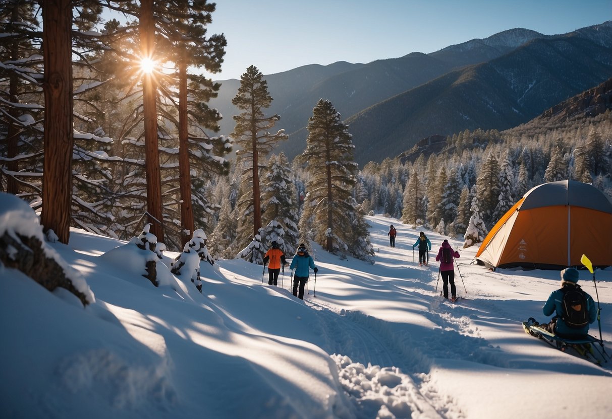 Snow-covered Royal Gorge, California. Cross country skiers at 10 campsites. Majestic mountains and pine trees