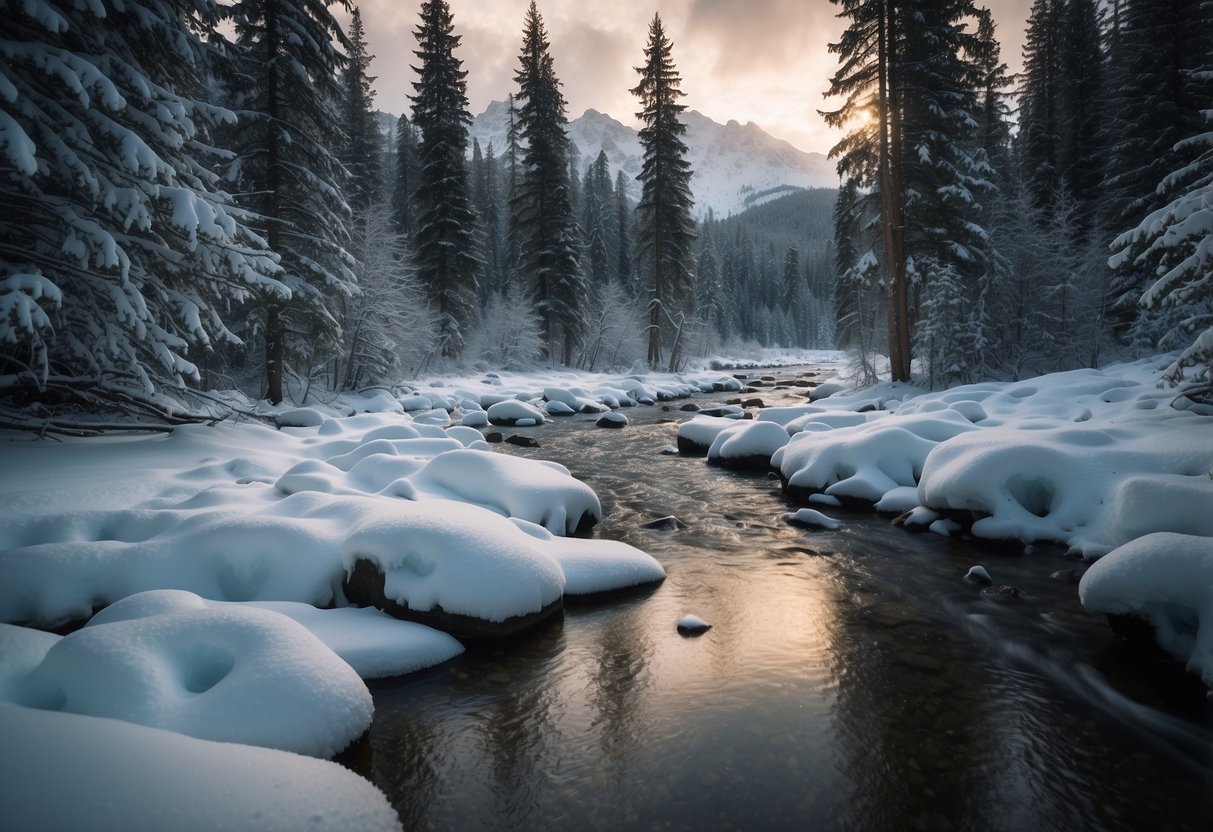 A snowy forest clearing with a clear, frozen stream, surrounded by tall pine trees and a view of snow-capped mountains in the distance