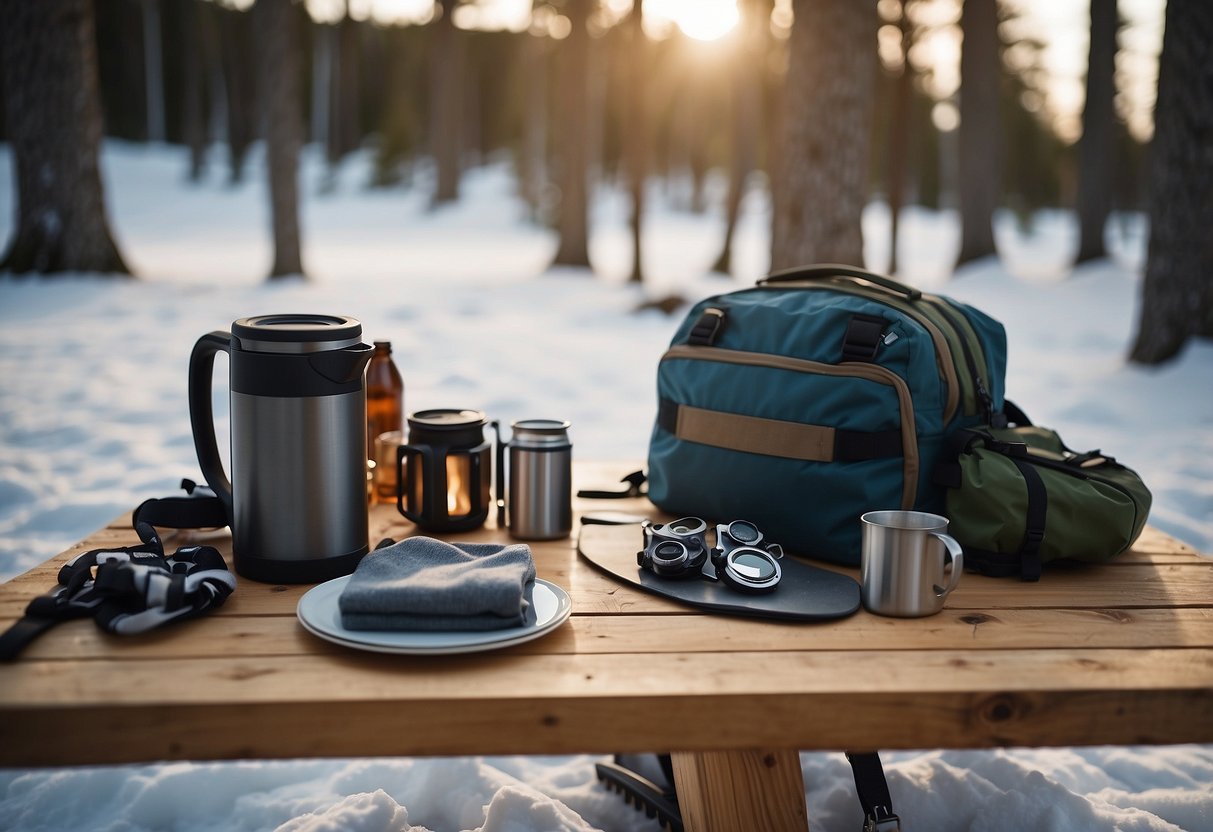 A table with camping gear laid out, surrounded by a snowy landscape with cross country ski trails leading to various campsites