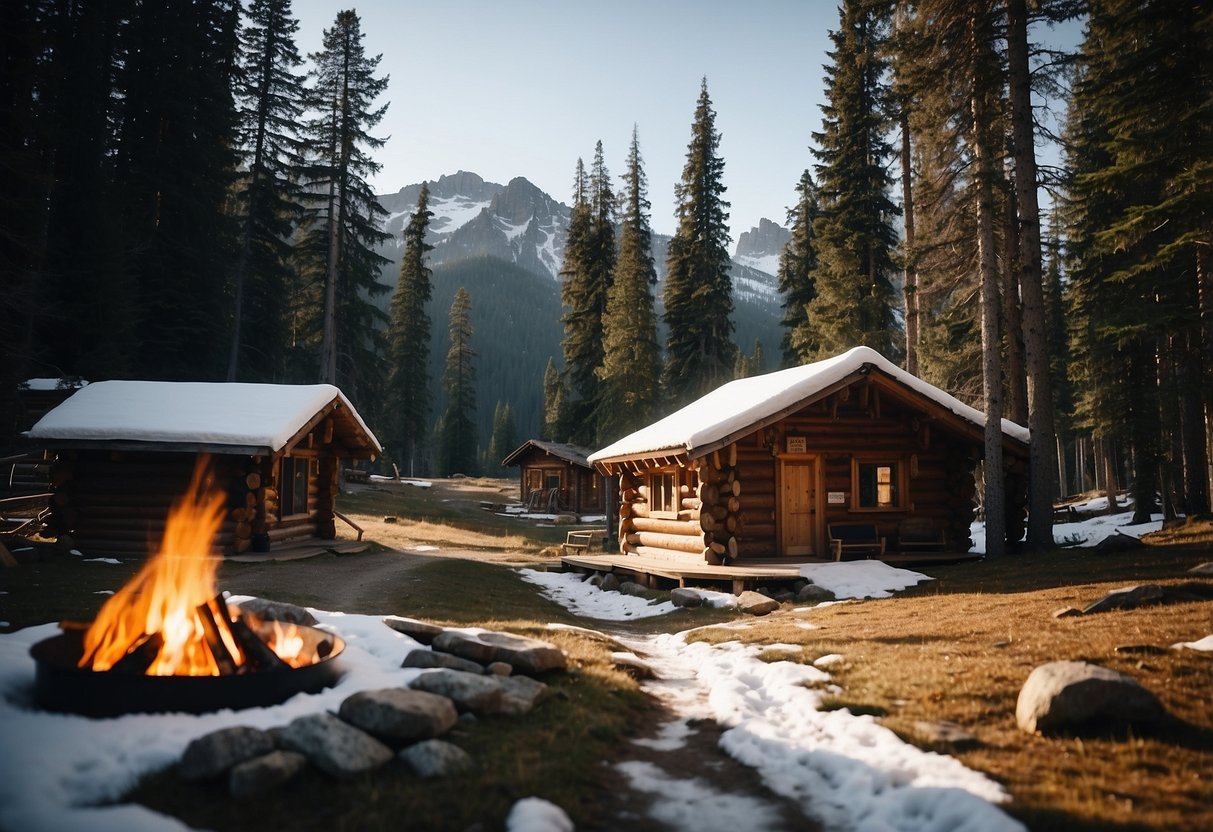 A serene forest clearing with a winding trail, surrounded by tall pine trees and snow-covered mountains in the distance. A cozy campsite with a crackling fire and skis propped up against a rustic cabin