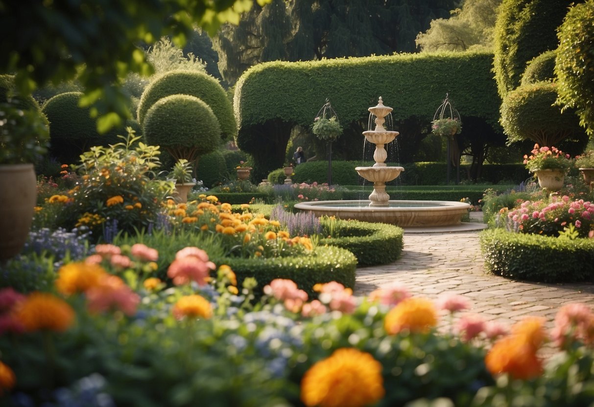 A lush garden with colorful flowers, winding pathways, and a variety of seating areas. A fountain and trellises add charm, while manicured hedges and topiaries create a sense of order