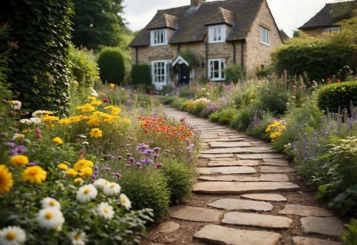 A winding stone pathway bordered by colorful flowers and greenery leads through a charming English cottage garden