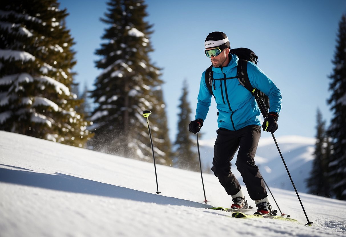 A skier glides across a snowy landscape, using affordable equipment. They navigate through trees and over gentle hills, enjoying the peaceful and budget-friendly experience of cross country skiing