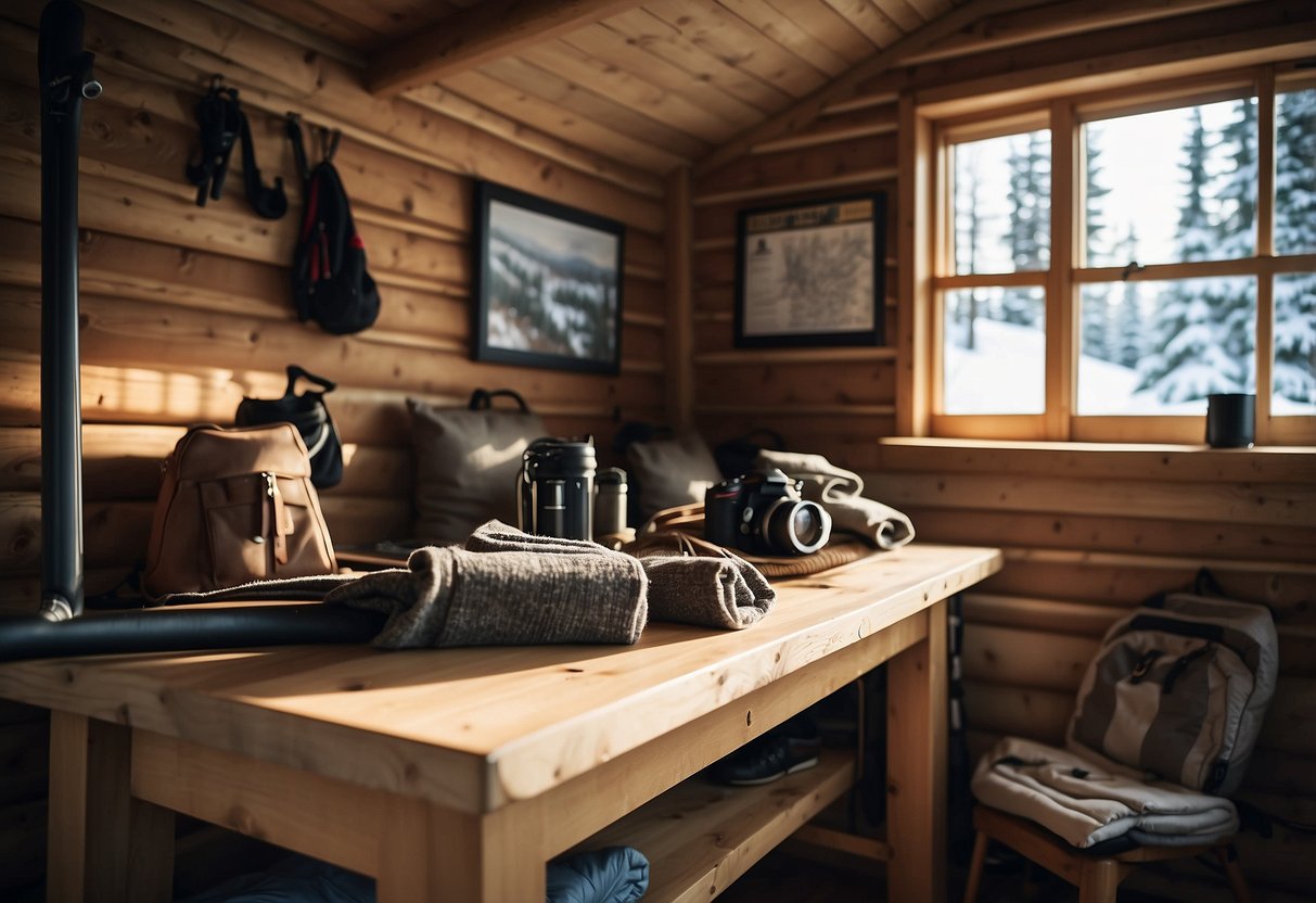 A cozy cabin nestled in snowy woods, with ski gear propped against the wall and a map of cross-country trails on the table