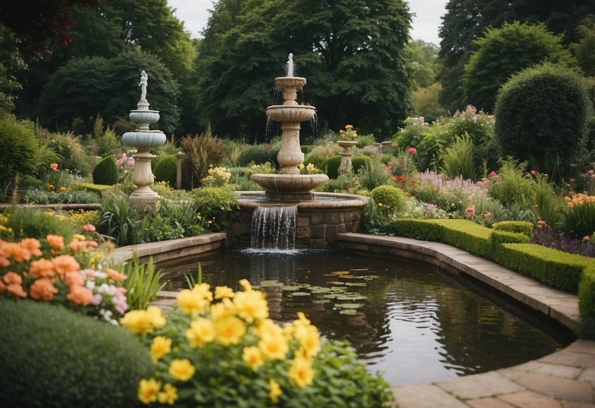 A serene English garden with a variety of water features, including fountains, ponds, and streams. Lush greenery and colorful flowers surround the peaceful scene