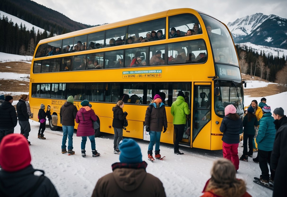 A crowded bus with skis strapped to the roof, passengers reading ski magazines, and a sign advertising budget cross-country skiing tips