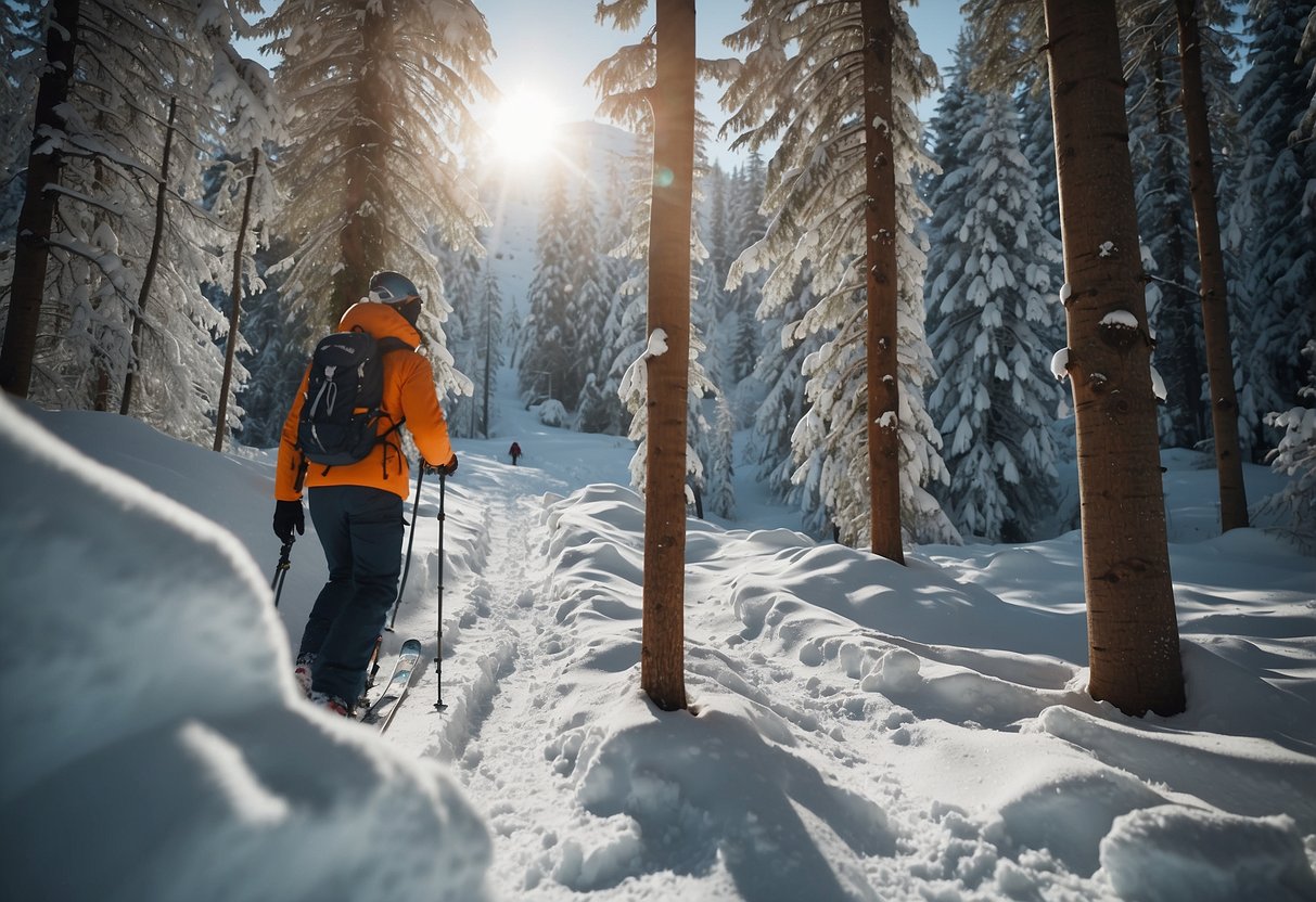 A snowy forest trail with skis, poles, and a backpack. A signpost points to a ski club. A frugal skier enjoys the winter scenery