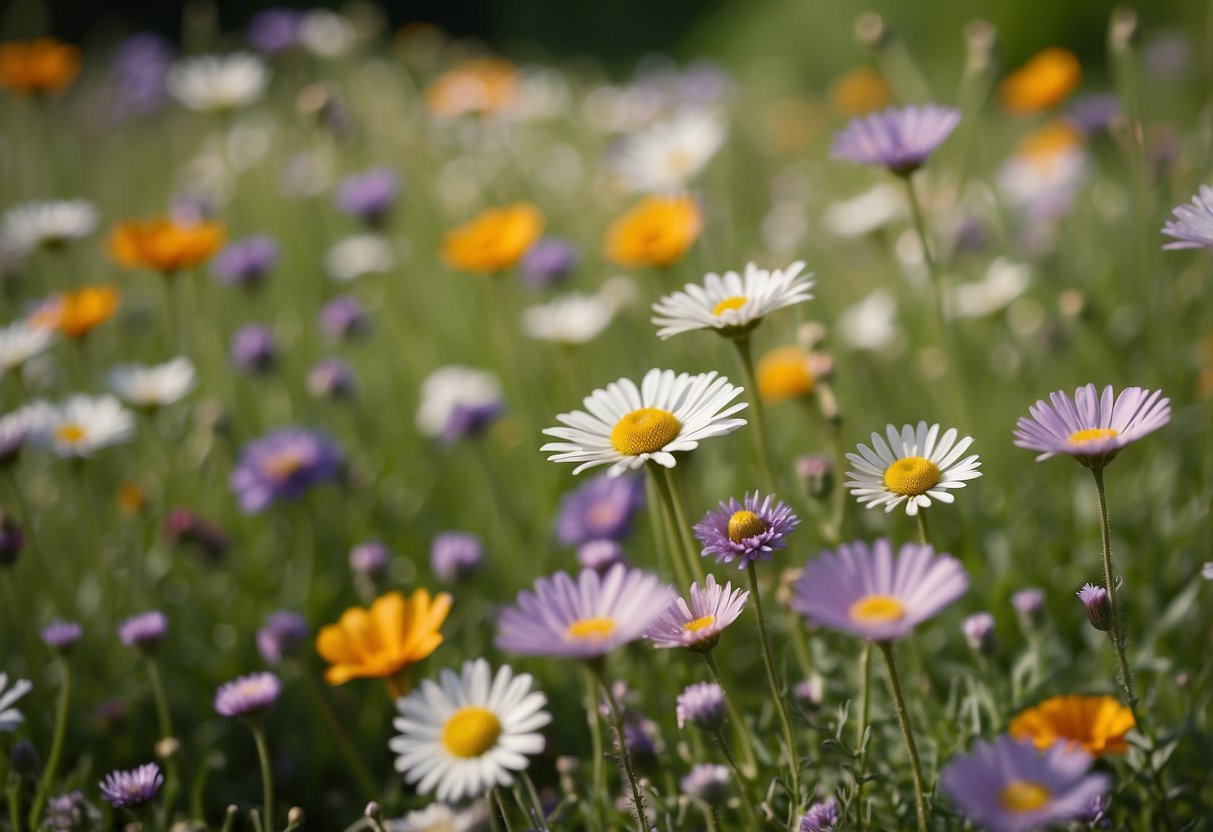 A vast meadow filled with colorful wildflowers, surrounded by lush greenery and winding pathways. A variety of flowers, including daisies, poppies, and lavender, create a vibrant and picturesque English garden scene